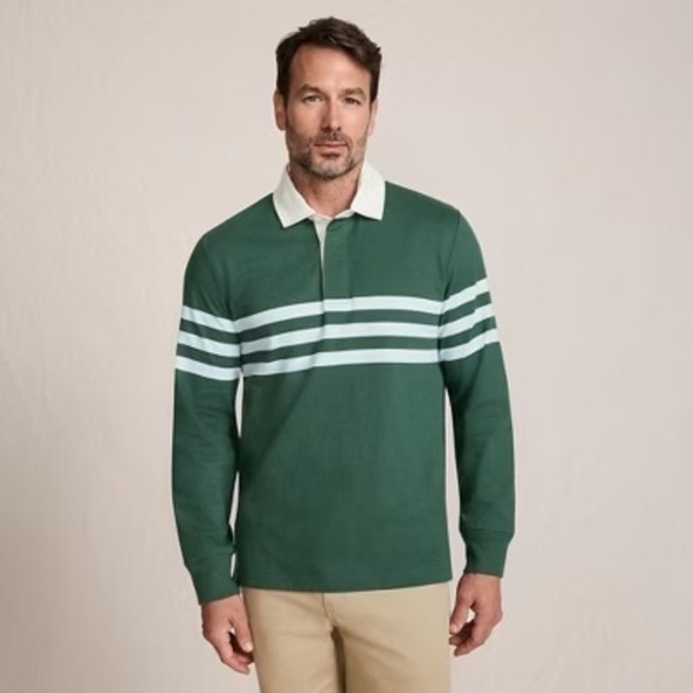 Lands End Sz XXL 2XL Green Light Blue Stripes Long Sleeve Polo Rugby Shirt